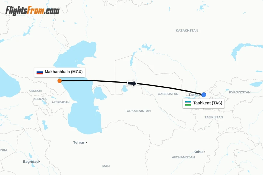 Flights from Makhachkala to Tashkent route map