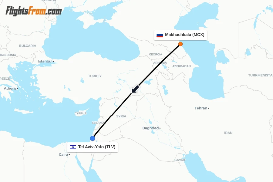 Flights from Makhachkala to Tel Aviv-Yafo route map