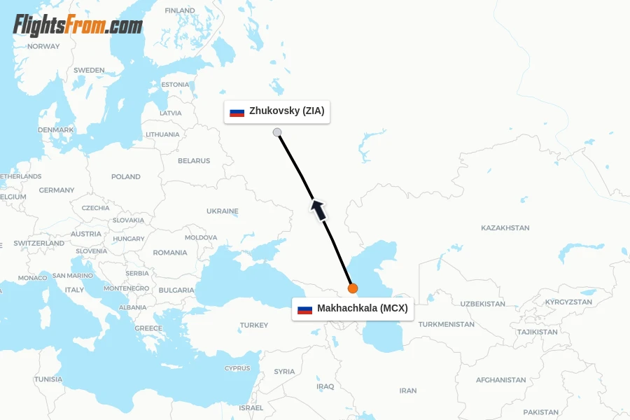 Flights from Makhachkala to Zhukovsky route map
