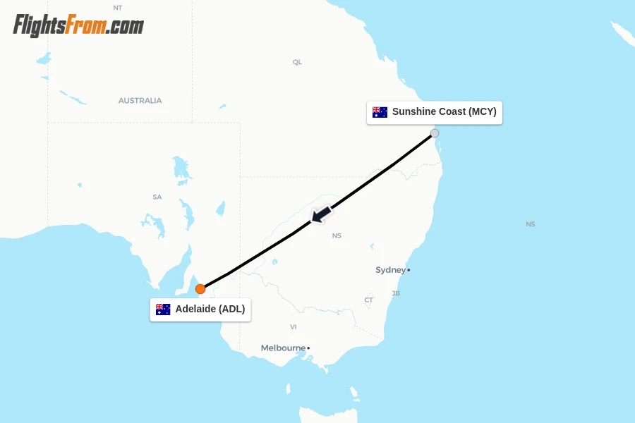 Flights from Sunshine Coast to Adelaide route map
