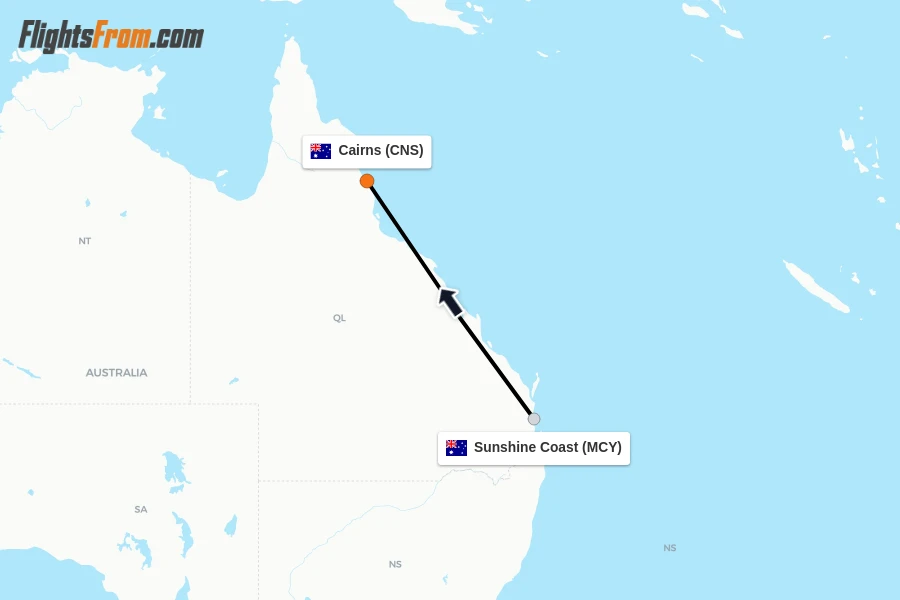 Flights from Sunshine Coast to Cairns route map