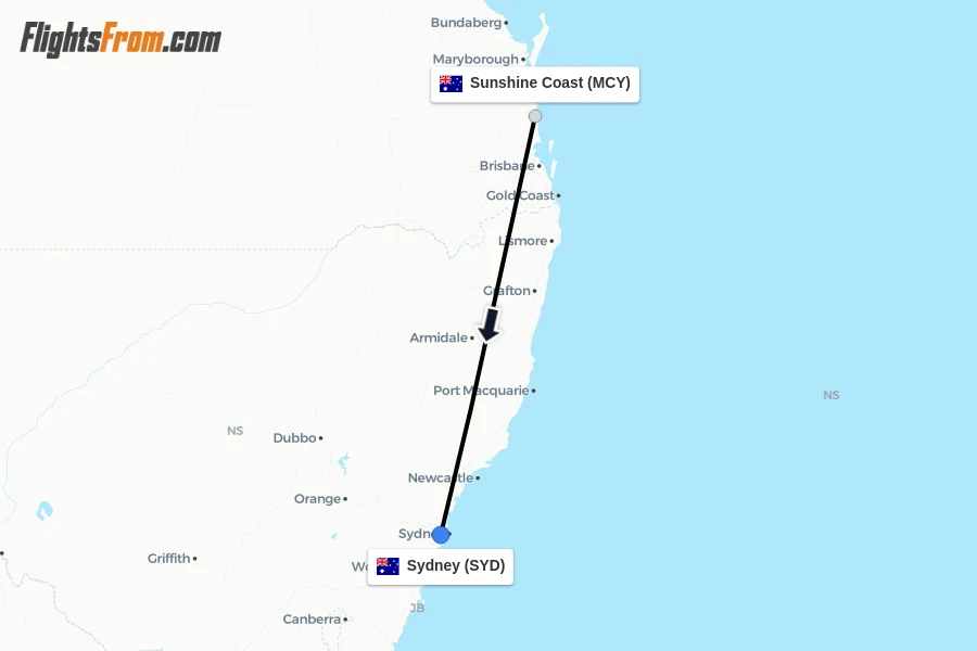 Flights from Sunshine Coast to Sydney route map