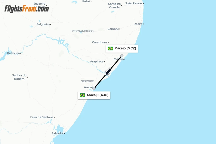 Flights from Maceio to Aracaju route map