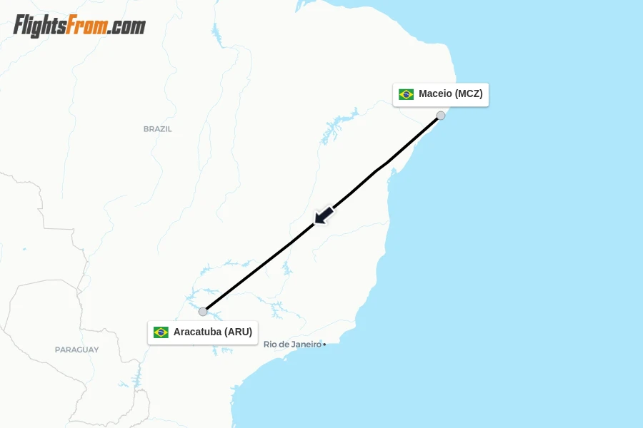 Flights from Maceio to Aracatuba route map