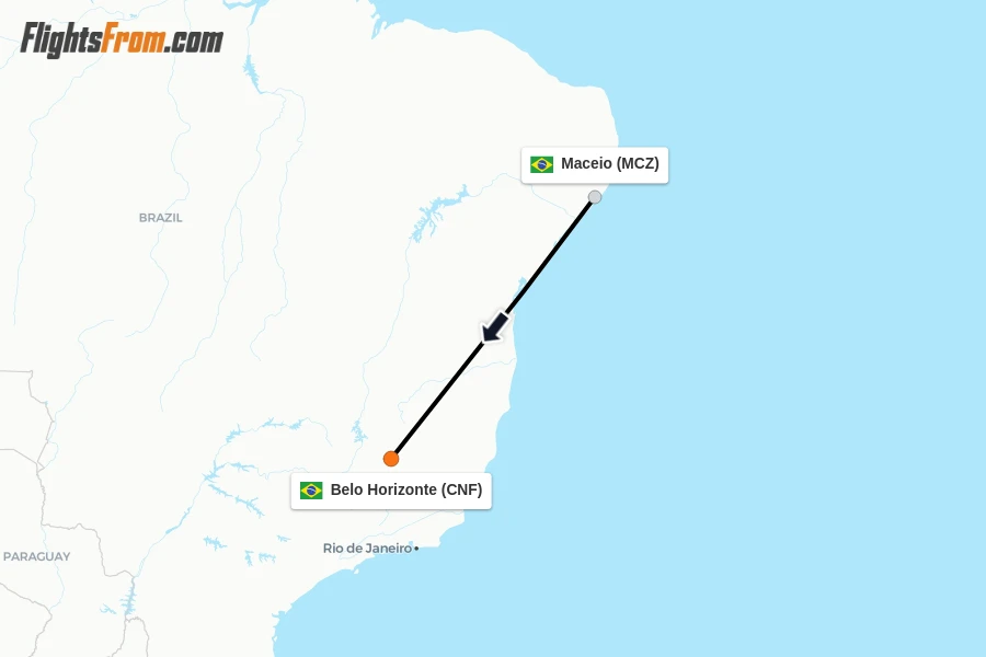 Flights from Maceio to Belo Horizonte route map