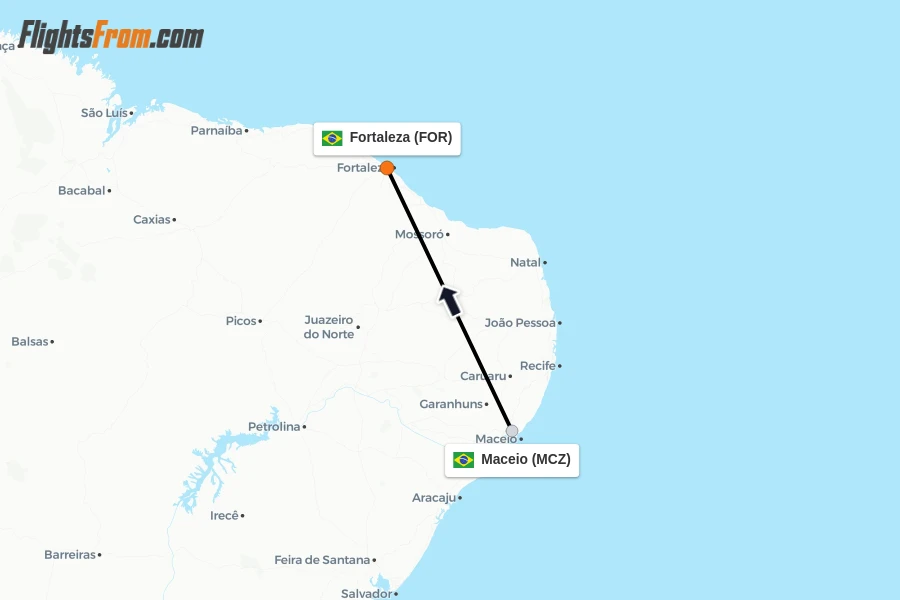 Flights from Maceio to Fortaleza route map