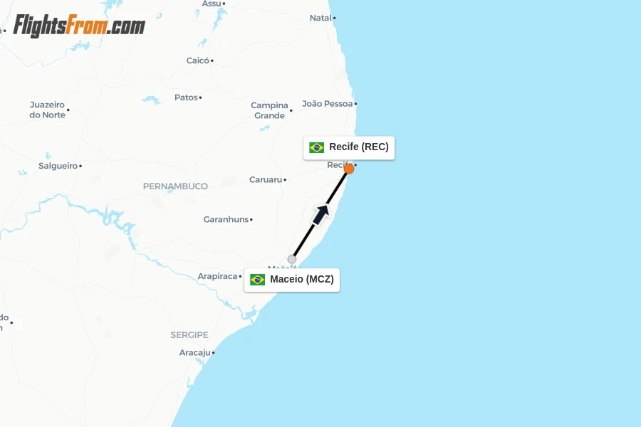 Flights from Maceio to Recife route map
