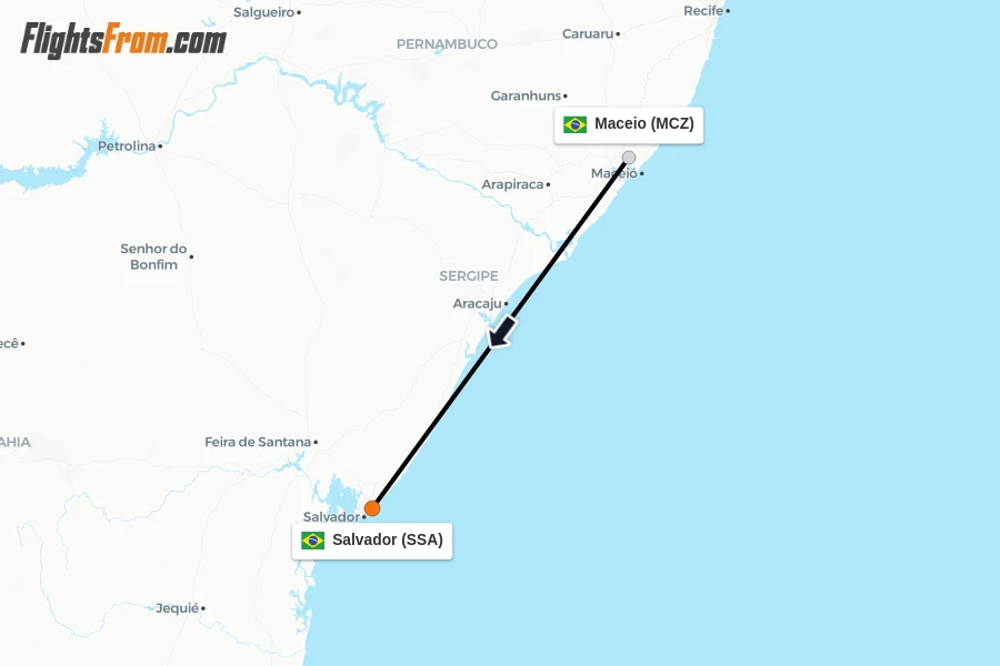 Flights from Maceio to Salvador route map