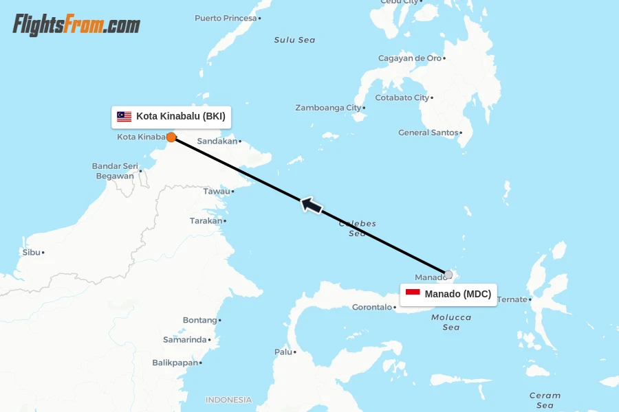 Flights from Manado to Kota Kinabalu route map