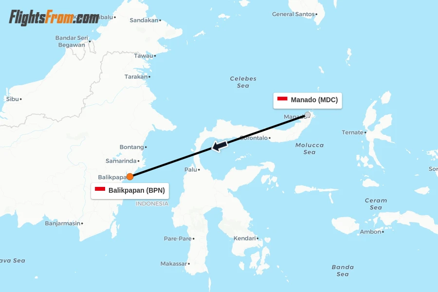 Flights from Manado to Balikpapan route map