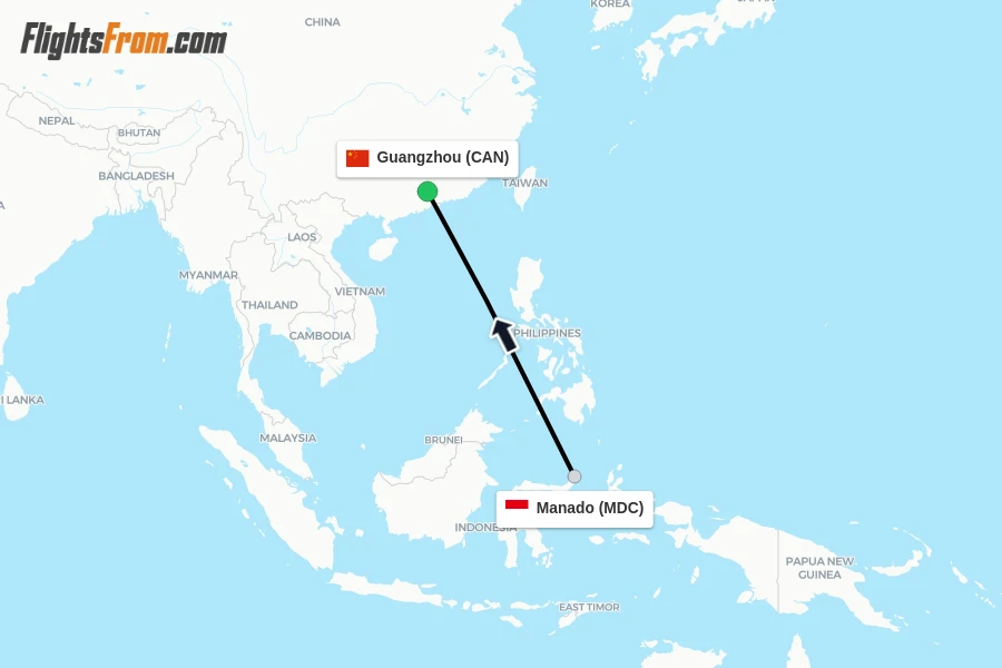 Flights from Manado to Guangzhou route map
