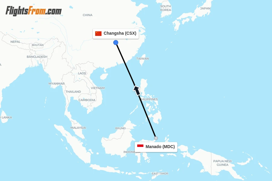 Flights from Manado to Changsha route map
