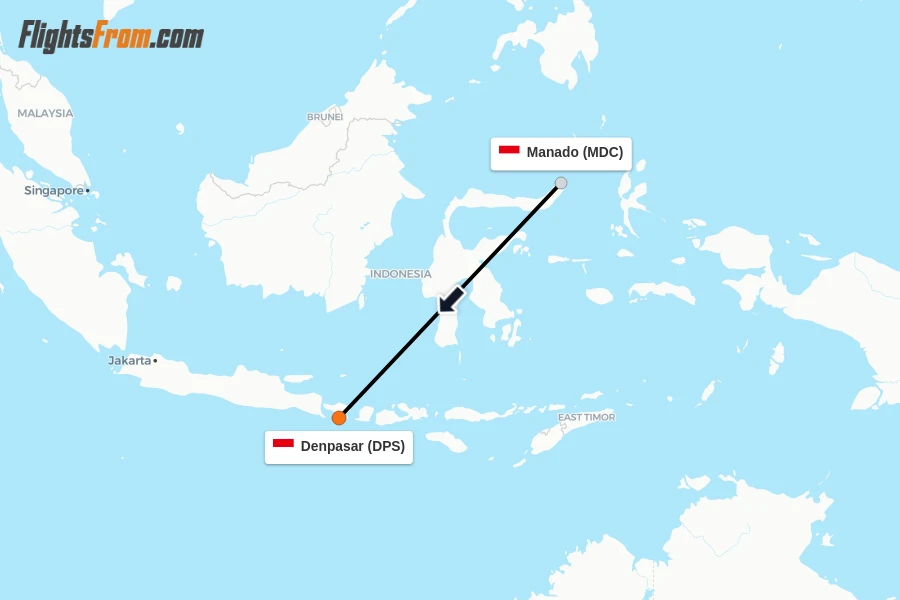 Flights from Manado to Denpasar route map