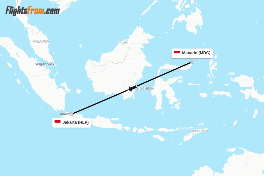 Flights from Manado to Jakarta route map