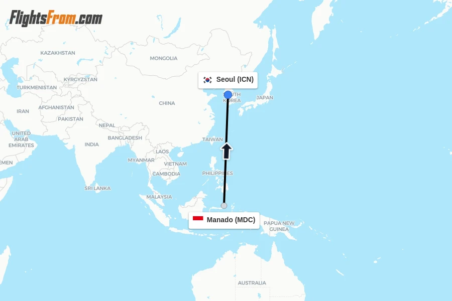 Flights from Manado to Seoul route map