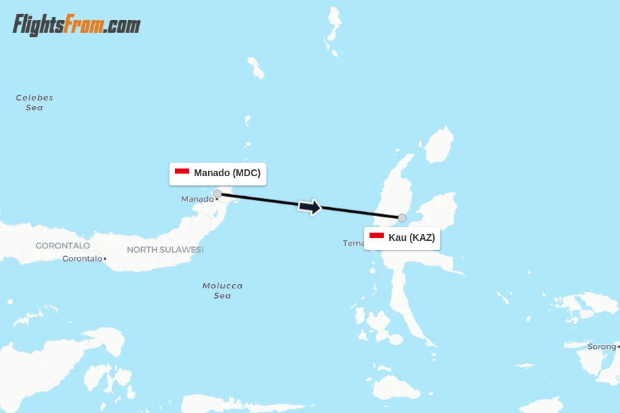 Flights from Manado to Kau route map