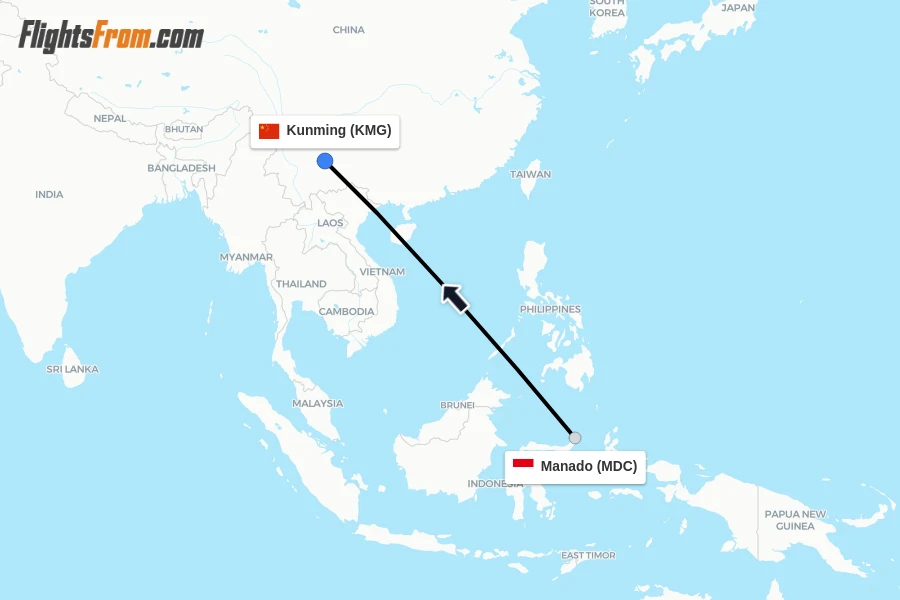 Flights from Manado to Kunming route map