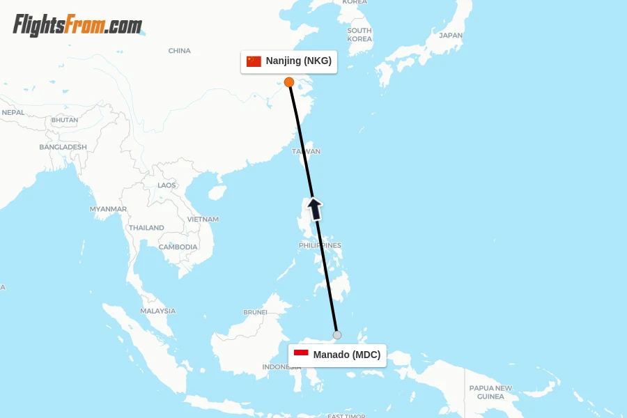 Flights from Manado to Nanjing route map