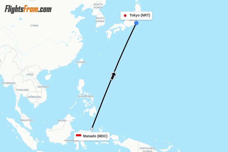 Flights from Manado to Tokyo route map