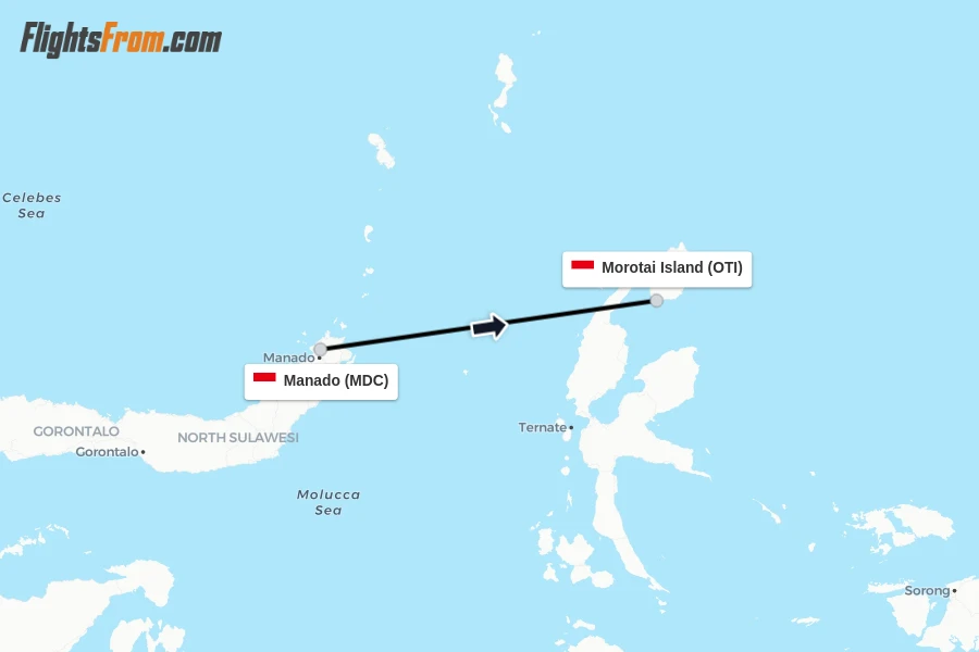 Flights from Manado to Morotai Island route map