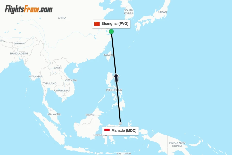 Flights from Manado to Shanghai route map