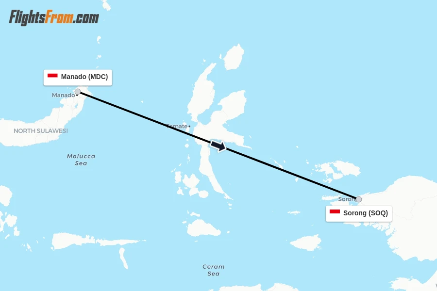 Flights from Manado to Sorong route map