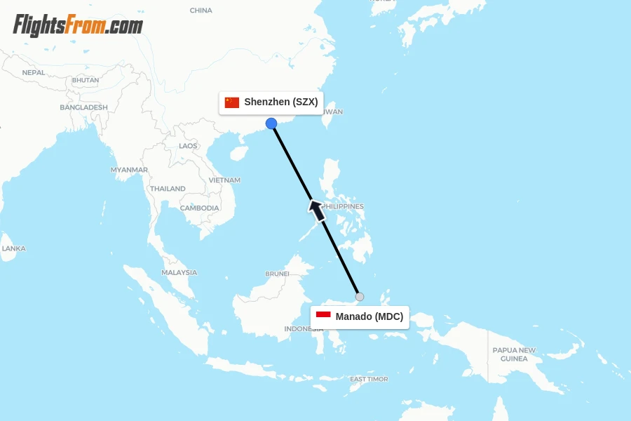 Flights from Manado to Shenzhen route map