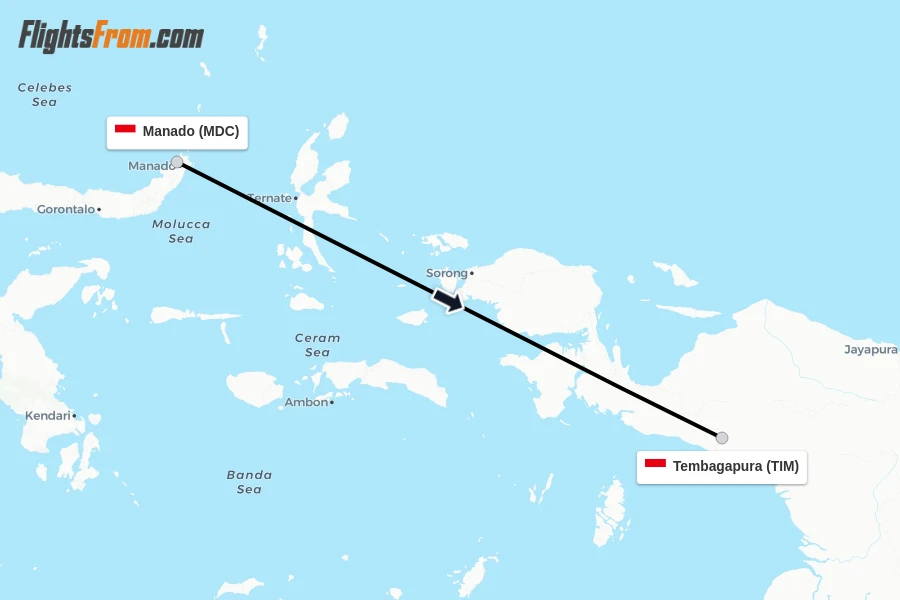 Flights from Manado to Tembagapura route map