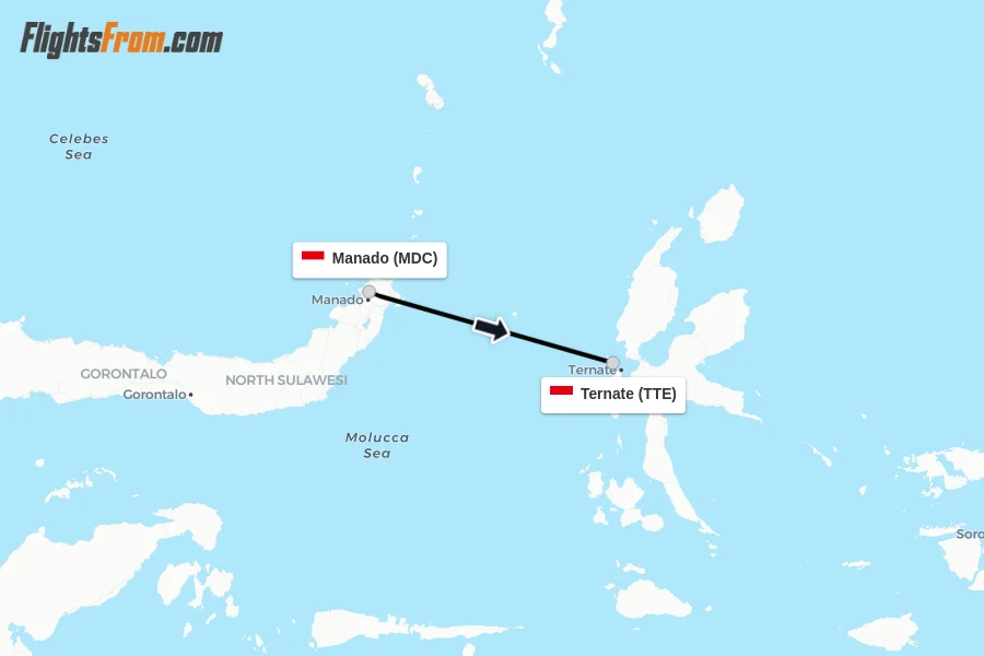 Flights from Manado to Ternate route map