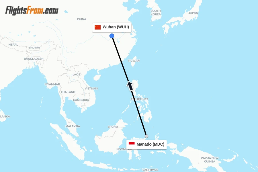 Flights from Manado to Wuhan route map