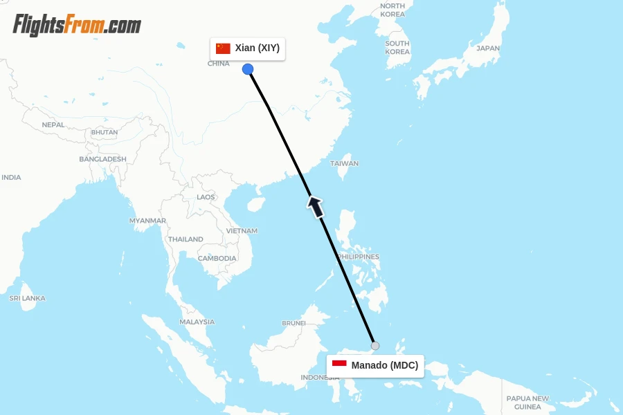 Flights from Manado to Xian route map
