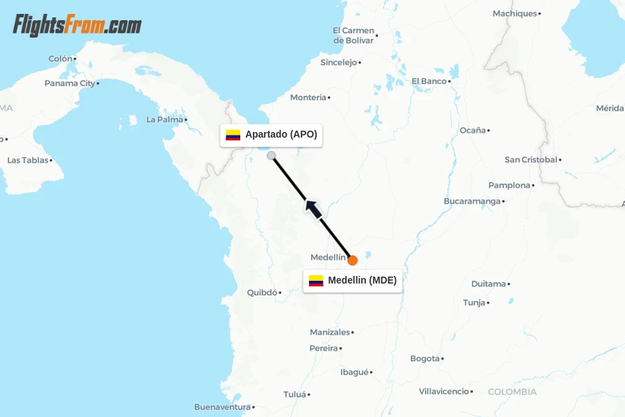 Flights from Medellin to Apartado route map
