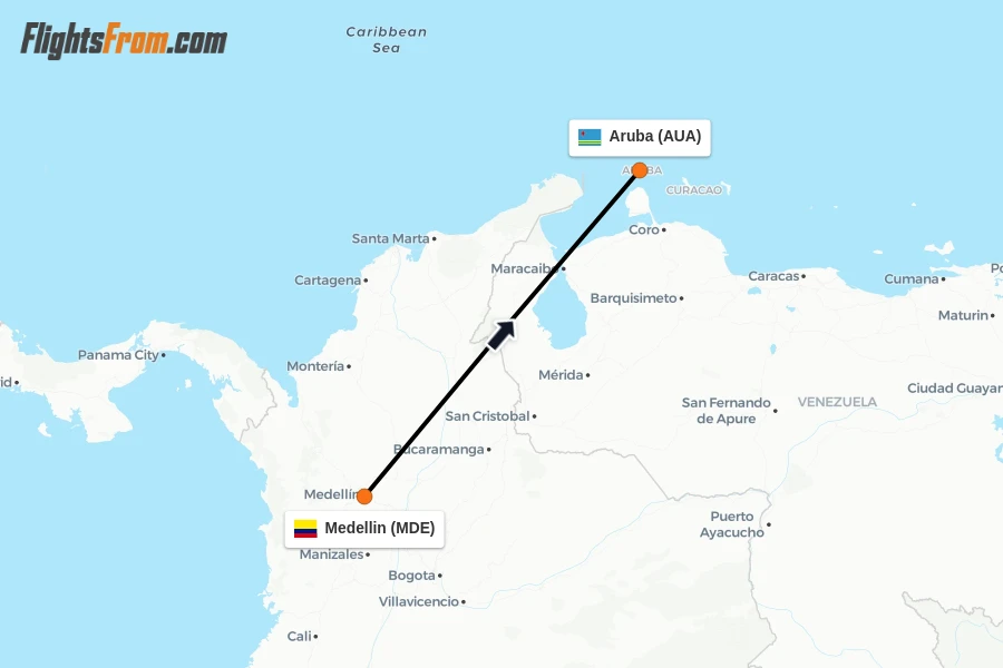 Flights from Medellin to Aruba route map