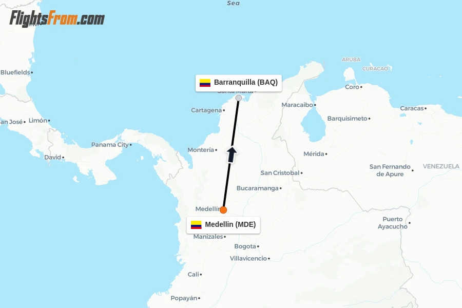 Flights from Medellin to Barranquilla route map