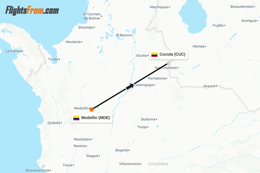 Flights from Medellin to Cucuta route map