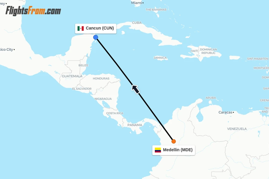Flights from Medellin to Cancun route map
