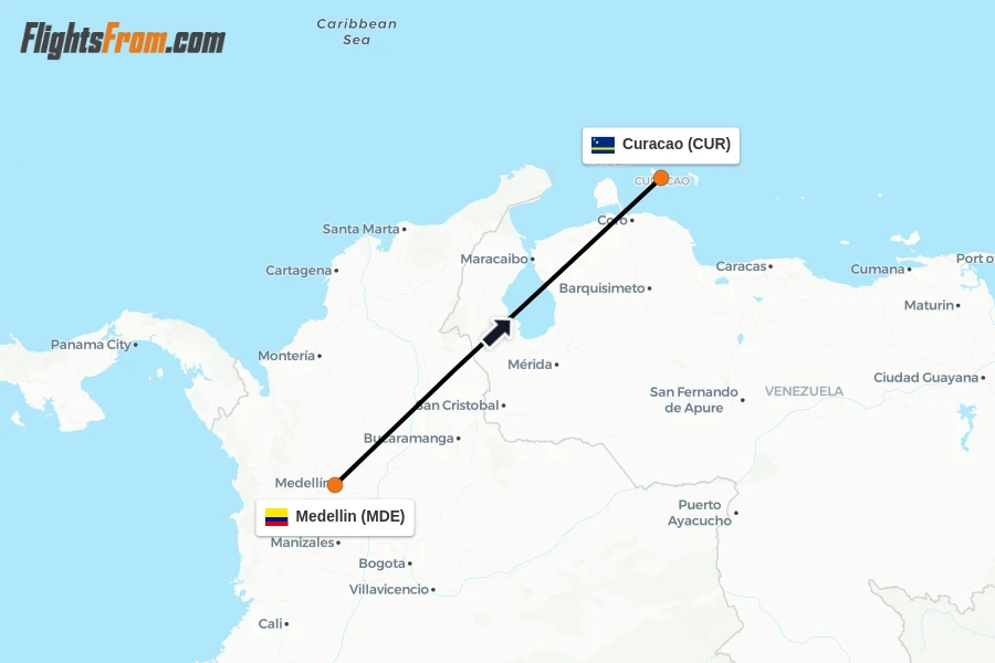 Flights from Medellin to Curacao route map