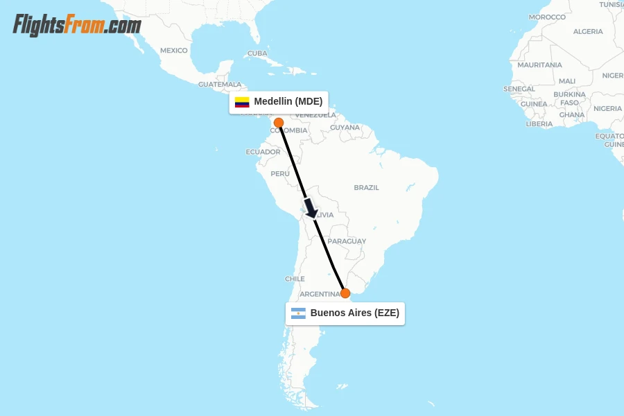 Flights from Medellin to Buenos Aires route map