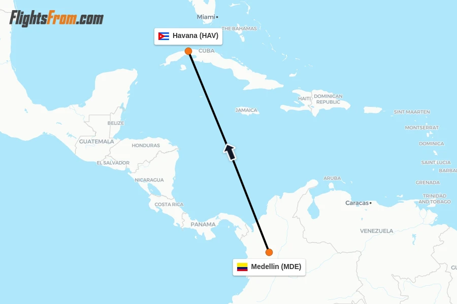 Flights from Medellin to Havana route map