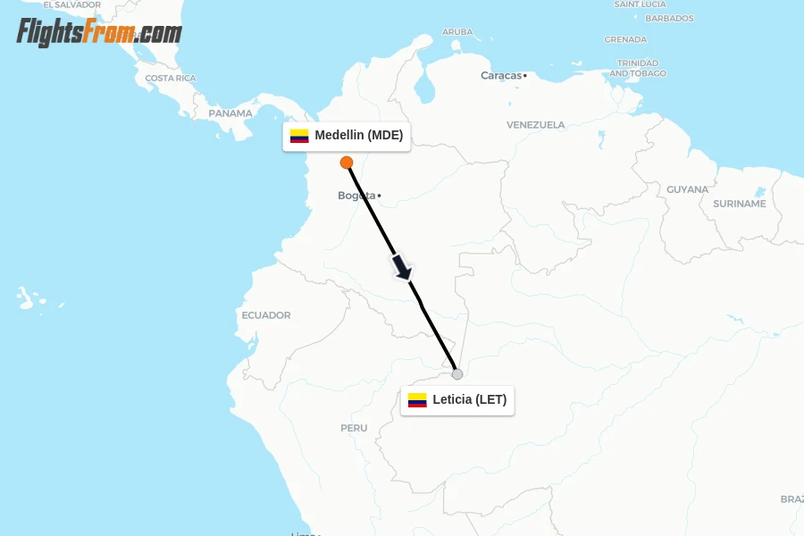 Flights from Medellin to Leticia route map