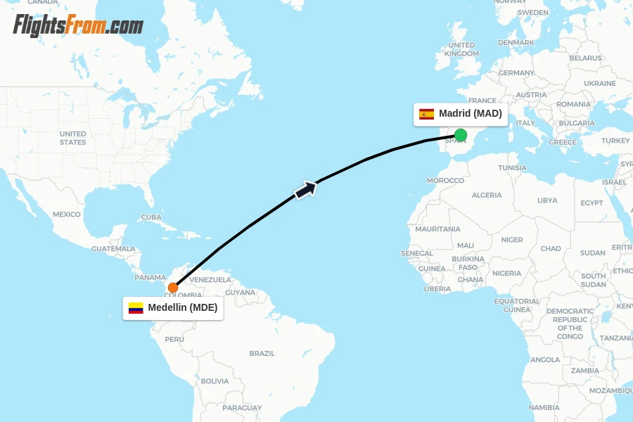 Flights from Medellin to Madrid route map