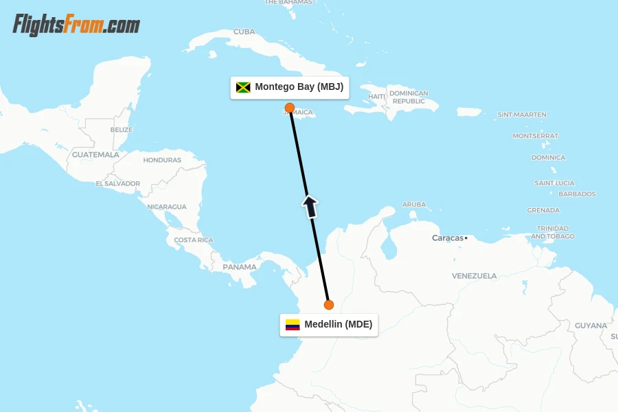 Flights from Medellin to Montego Bay route map