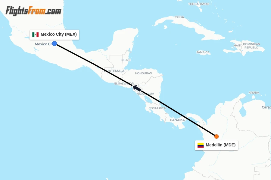 Flights from Medellin to Mexico City route map