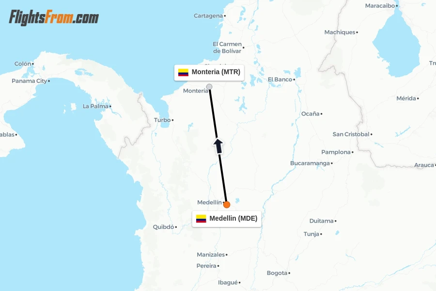 Flights from Medellin to Monteria route map