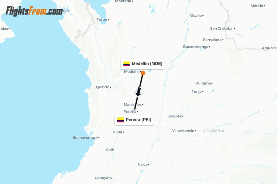 Flights from Medellin to Pereira route map