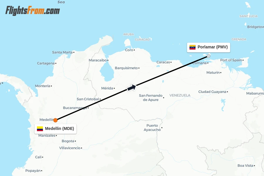 Flights from Medellin to Porlamar route map