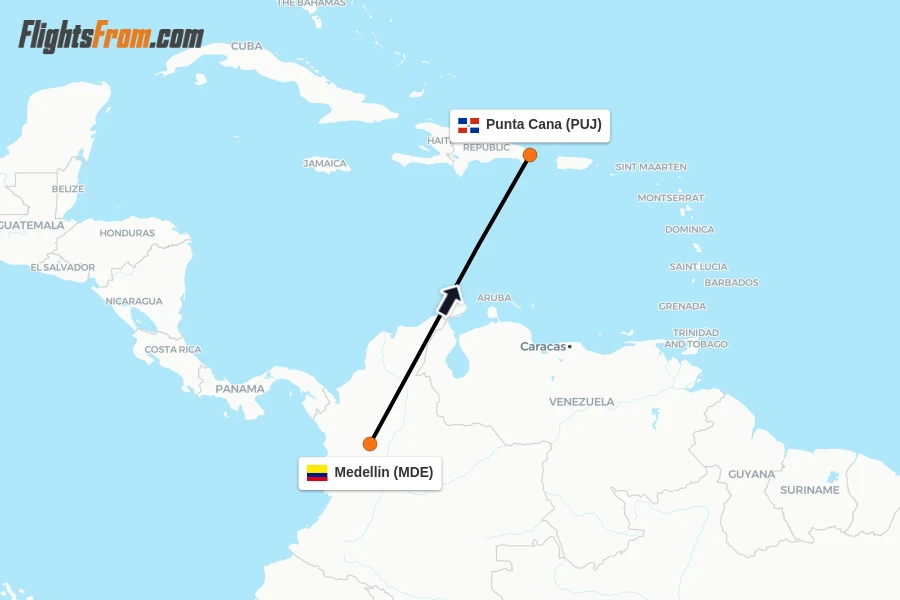 Flights from Medellin to Punta Cana route map