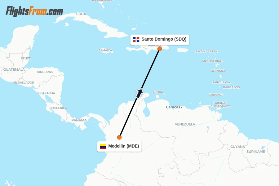 Flights from Medellin to Santo Domingo route map