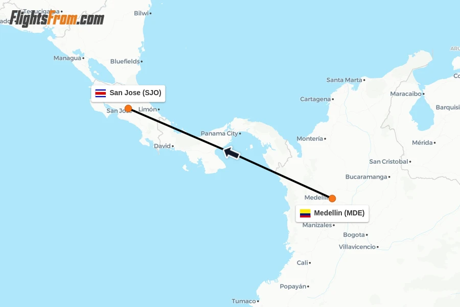 Flights from Medellin to San Jose route map