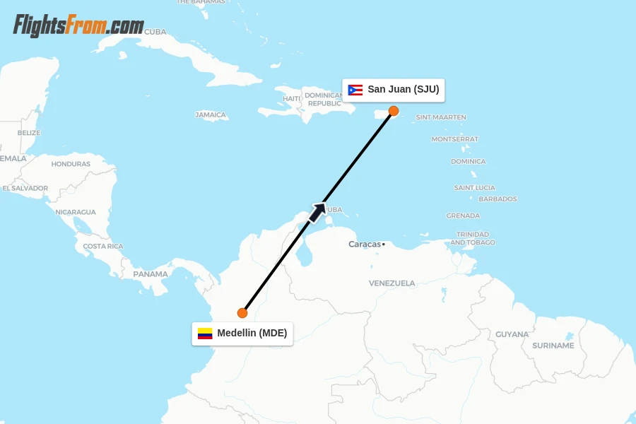 Flights from Medellin to San Juan route map